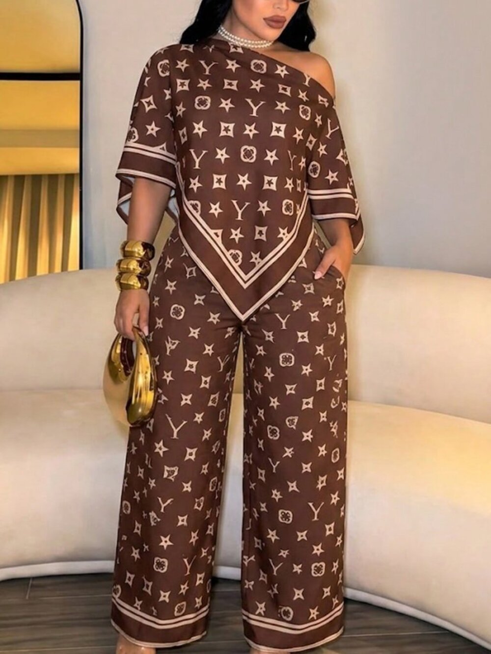Brown Boho Women's Elegant Off-Shoulder Shirt Artistic Pattern Party Top - Picture 5 of 10